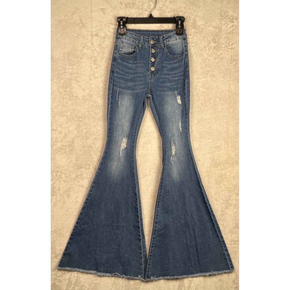 Women's Bell Bottom Jeans Flare Leg 2 XS Blue Wash High Rise Distressed Dramatic
